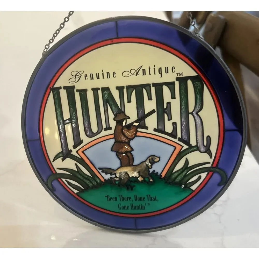 GENUINE ANTIQUE HUNTER Stained Glass Round Wall Hanger‎ Artist ANDE ROONEY